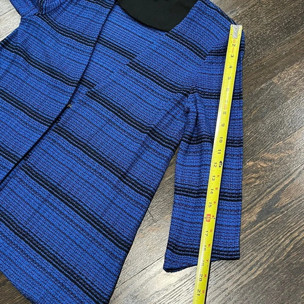 MING WANG Jacket‎ Women's Medium Blue Striped Knit Top Hook Closure Asymmetrical
